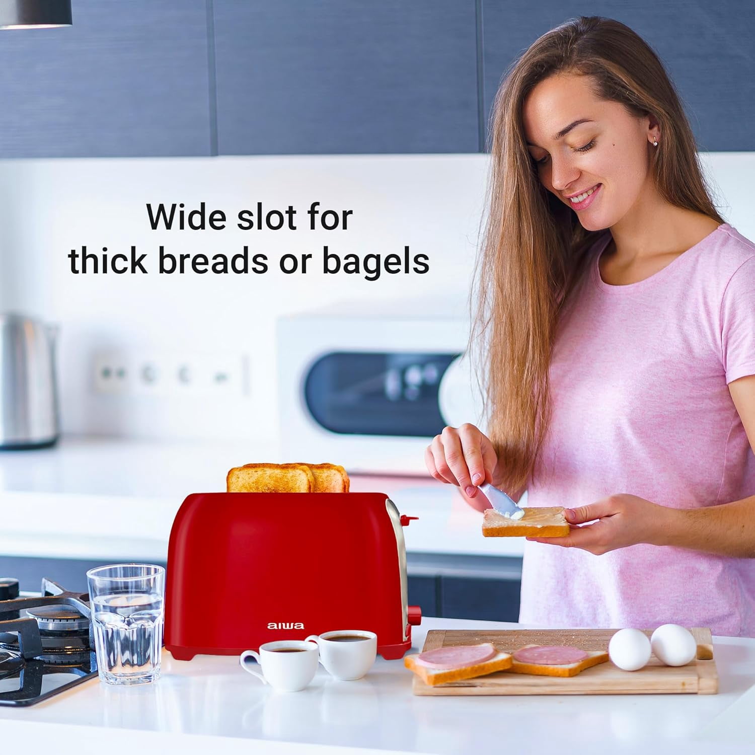 Aiwa 2-Slice Toaster with Wide Slots, 6 Browning Settings, and Crumb Tray, Red