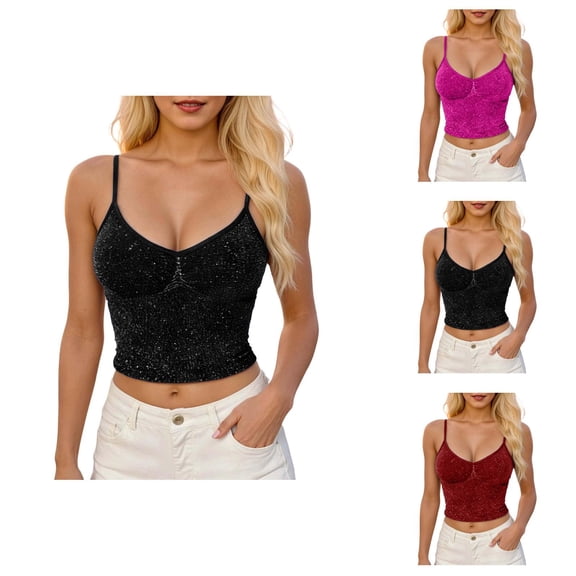 Sparkly Crop Camisole Tops for Women V Neck Spaghetti Strap Glitter Silk Cami Tank Tops Rave Party Clubwear