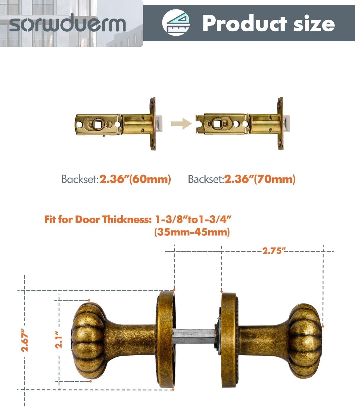 Antique Brass Door Knob Passage Door Knobs Interior Door Knob for Hall and Closet,Zinc Alloy 1 Pack