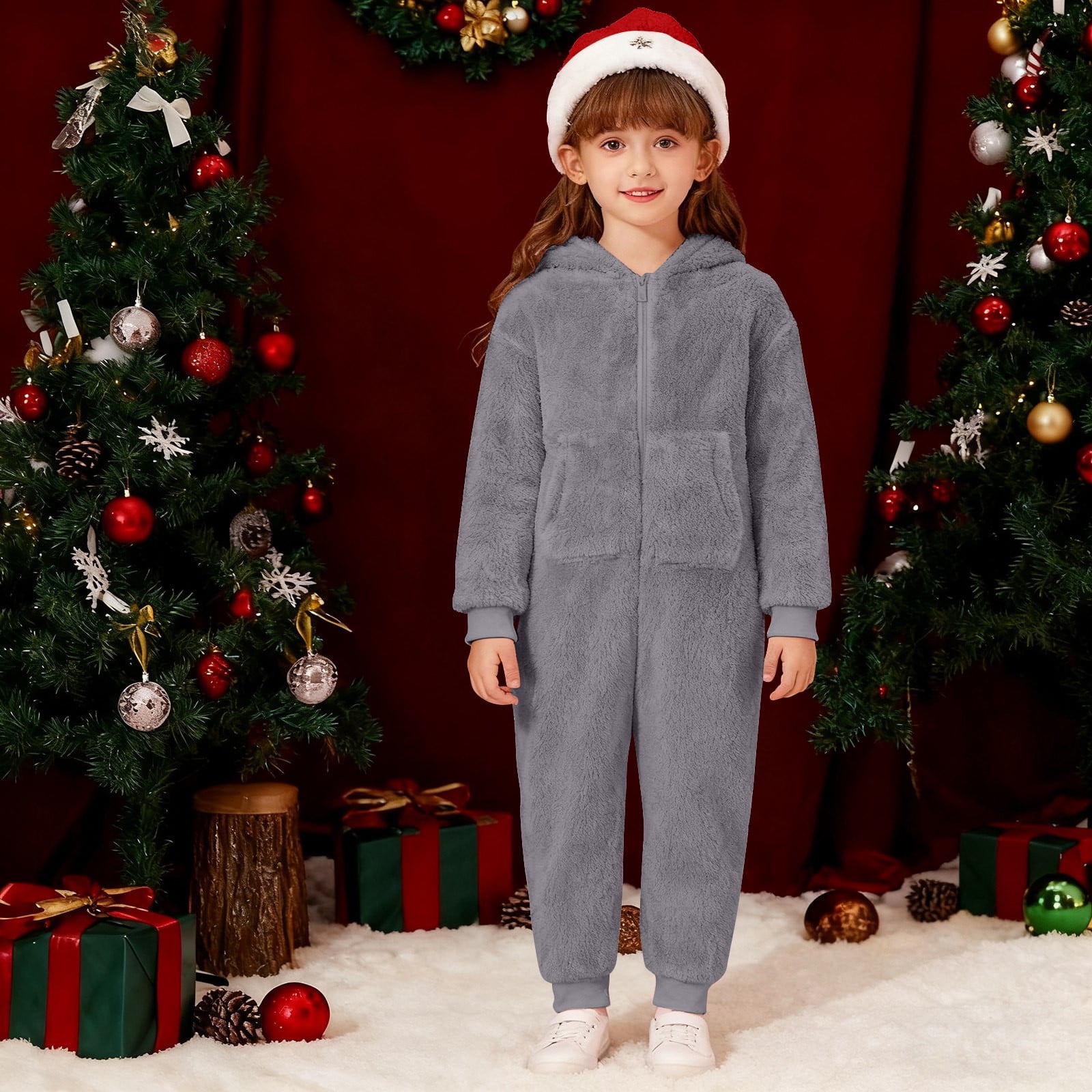 Adeawade Boys Onesie 9-10 Years Long Sleeve Round Neck Boys Warm Hooded Onesie Jumpsuit Winter Warm Lined Pajama Outfit For Toddler Kids Basic Wear Grey