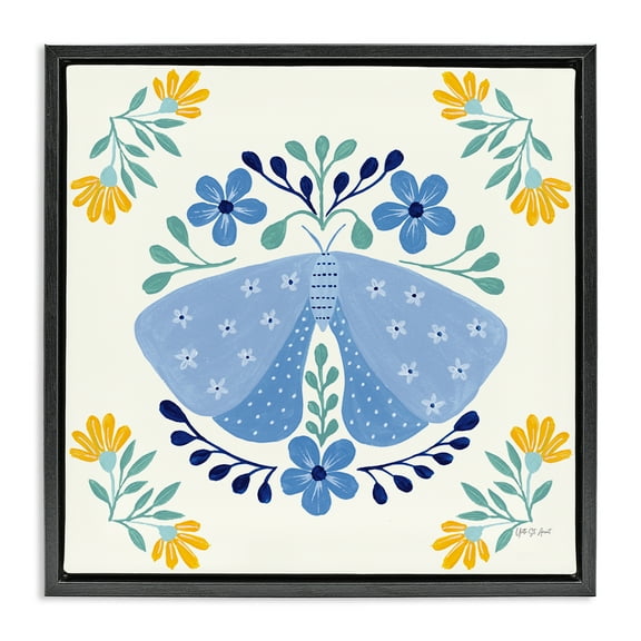 Stupell Industries Blue Folk Butterfly Insects Painting Black Floater Framed Canvas Art Print Wall Art, 18 x 18