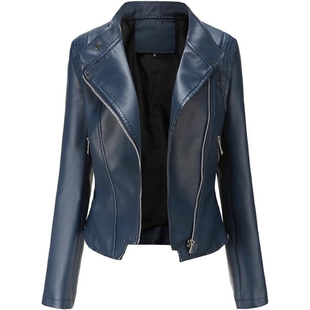 Chaqueta de cuero para mujer Chaqueta corta de motociclista Chaqueta de cuero con cremallera y cuello de solapa Chaqueta de transición Chaqueta corta (XL)