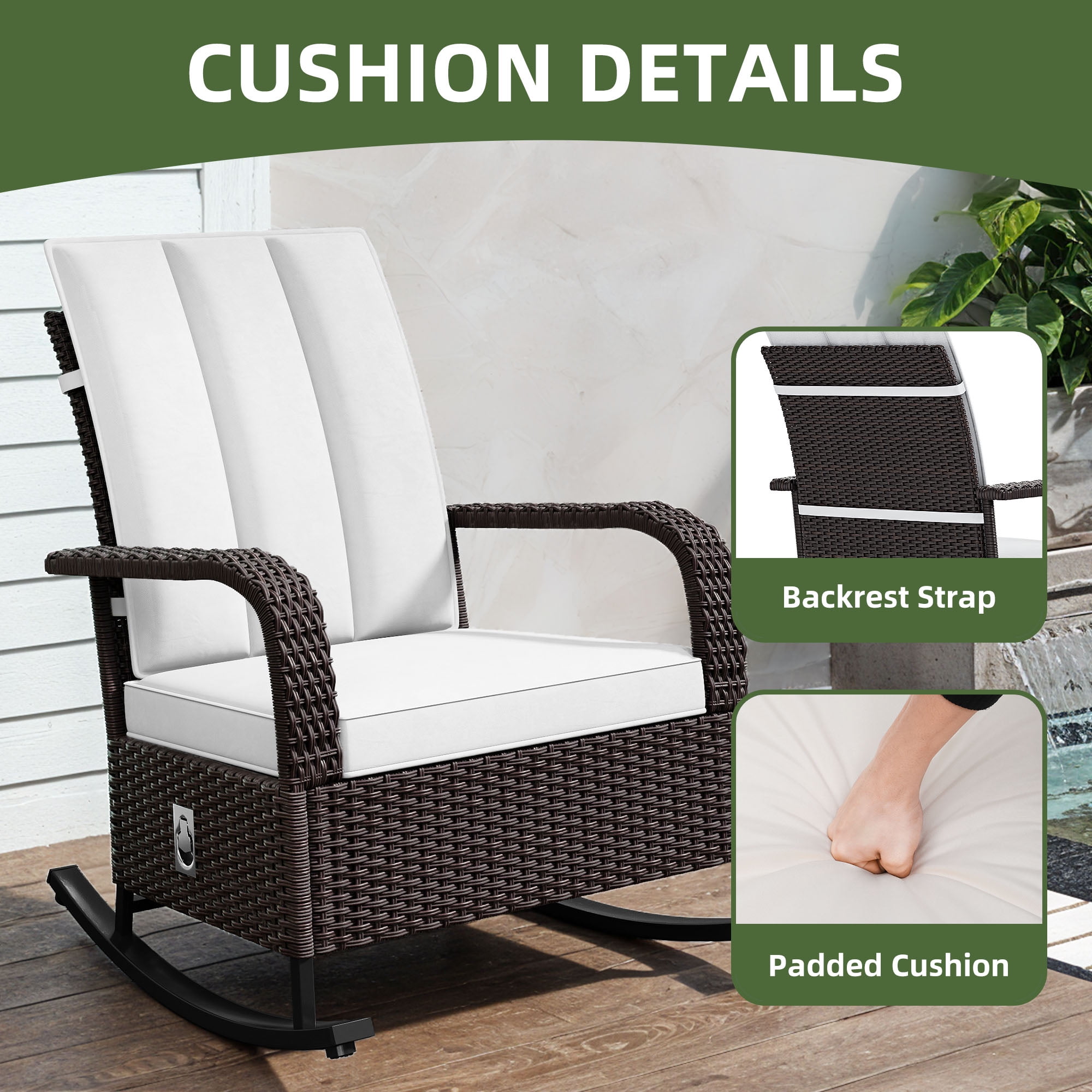 Uforic Outdoor Iron + PE Woven Rattan Rocking Chair with Footrest, Reclining, Brown Gradient Rattan & Beige Cushion, 2 Pcs