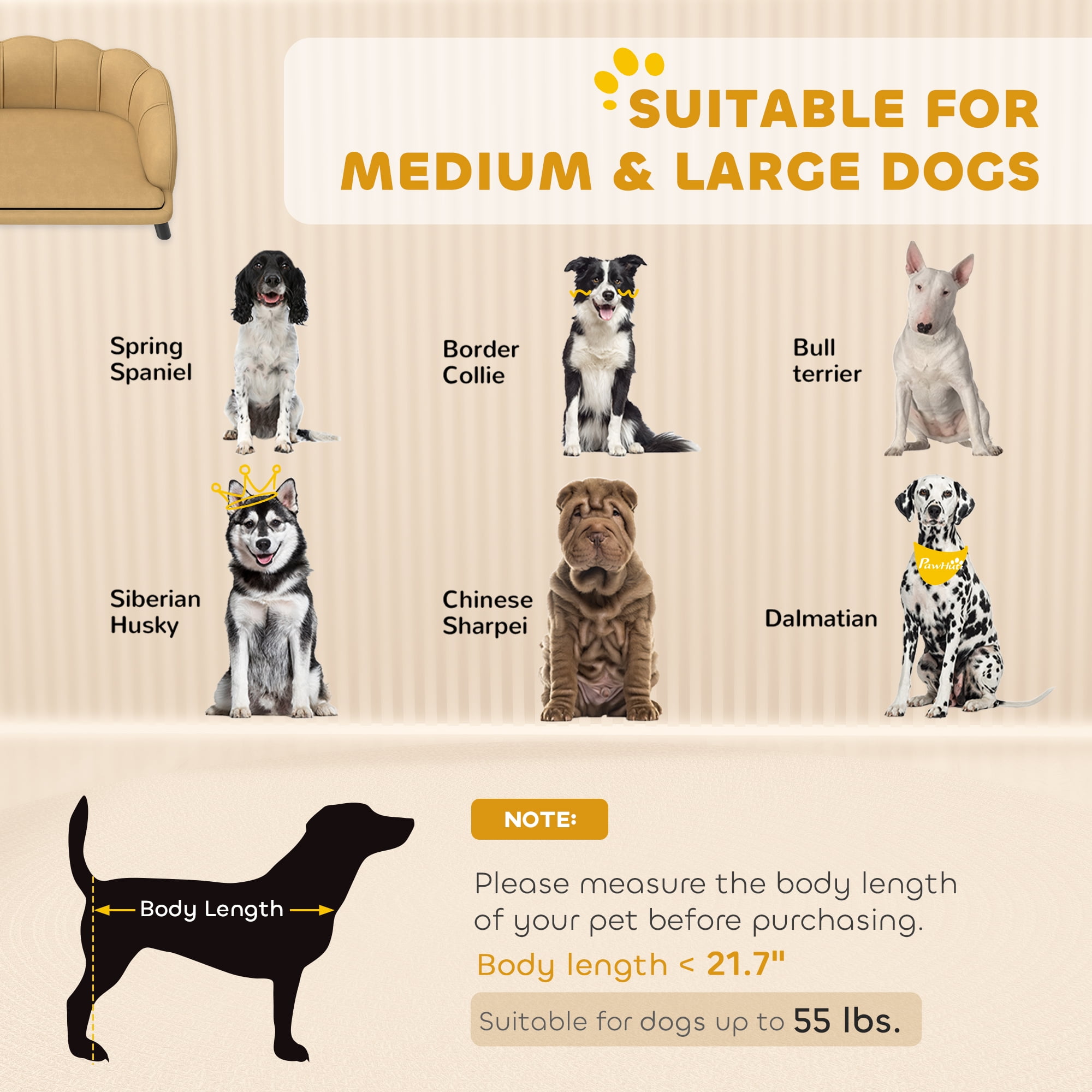 PawHut Pearl Design Pet Sofa for Medium and Large Sized Dogs, Pet Bed with Cushion and Solid Wood Legs, Coffee