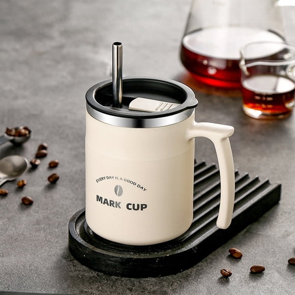 Taza de acero inoxidable con tapa y asa - Taza térmica reutilizable de doble capa de 480 ml para el hogar, la oficina y viajes. Tazas de café y desayuno.