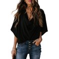 thumbnail image 2 of Mode Femme Couleur Unie Manches Mi-Longues Col en V Chemise Drapée devant Blouse Chemise, 2 of 7