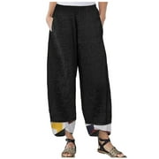 JWZUY Cotton Linen Pants Women Wide Leg Elastic High Waisted Pants Casual Color Block Patchwork Summer Trousers with Pockets Black S