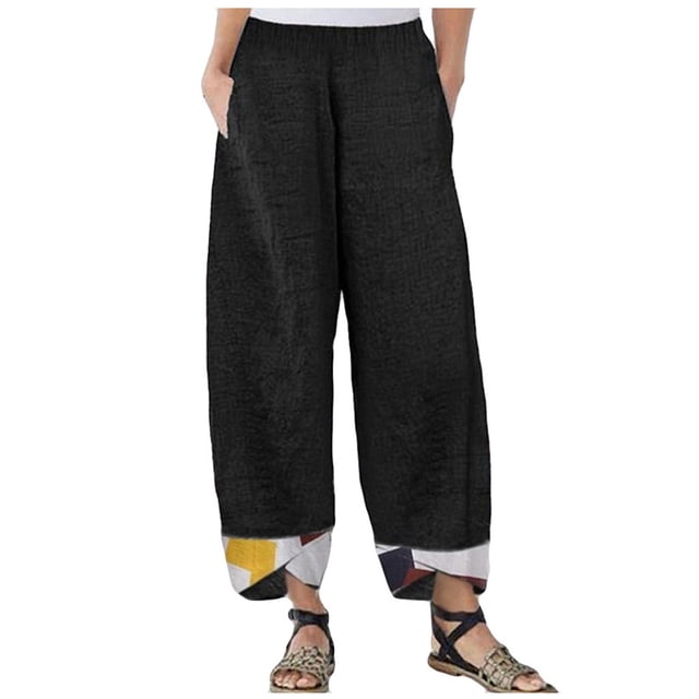 VEKDONE Womens Linen Long Pants Black M