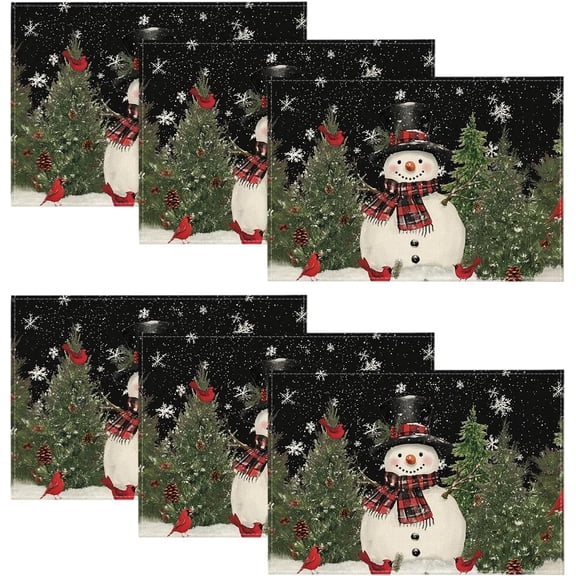 Snowman Trees Blue Christmas Placemats for Dining Table, 12 x 18 Inch Seasonal Black Winter Birds Xmas Holiday Washable Table Mats Set of 6