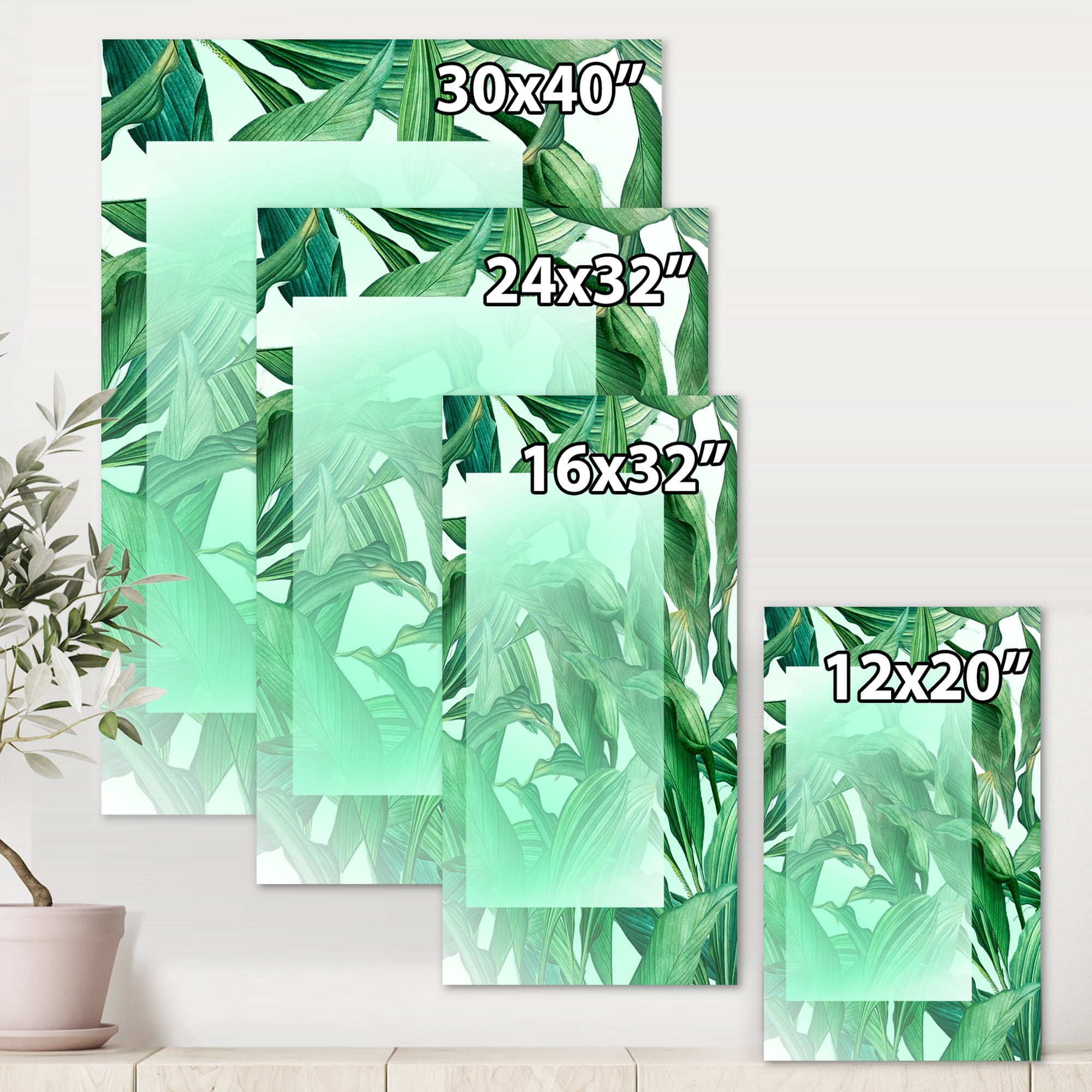 Designart ' Tropical Palm Green Leaves Under White Rectangle ' Nautical & Coastal Canvas Wall Art Print