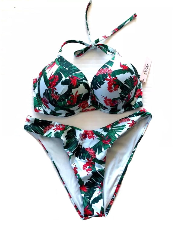 Swim Bombshell Add-2-Cups Push Up Bikini 2 Piece Set Blue Palm Floral Size 34D/Medium Bottom NWT