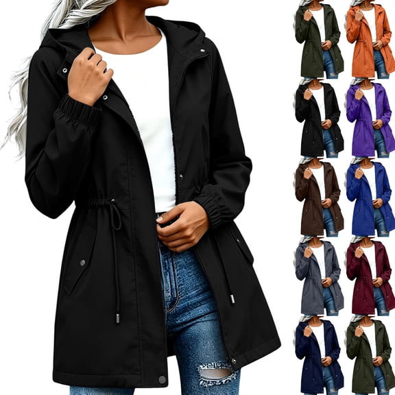 Rain Jacket Women Waterproof with Hood Belted Zip Up Long Raincoat Windbreaker Hiking Fall Jacket Pocket,Black XL