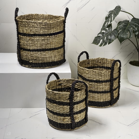 happimess Willow Rustic Cottage Stripe Handwoven Water Hyacinth Nesting Storage Baskets with Handles, Natural/Black (Set of 3)