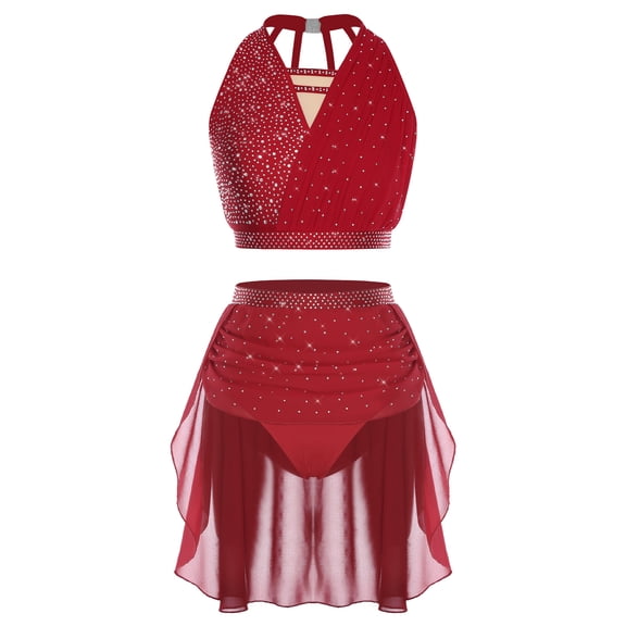 inlzdz Womens 2-Piece Dance Outfits Shiny Sequin Halter Top Built-in Briefs Skirt for Dance Shows Burgundy S