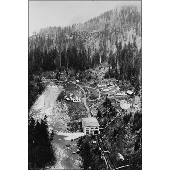 24"x36" Gallery Poster, Nooksack Falls Hydroelectric Plant, Route 542, Glacier vicinity, Whatcom County, WA Aerial View circa 1906