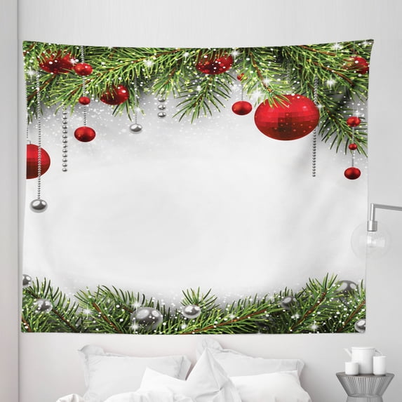 Christmas Tapestry, Holiday Season Backdrop with Pine Leaves Ball Classic Design Print, Fabric Wall Hanging Decor for Bedroom Living Room Dorm, 5 Sizes, Multicolor, by Ambesonne