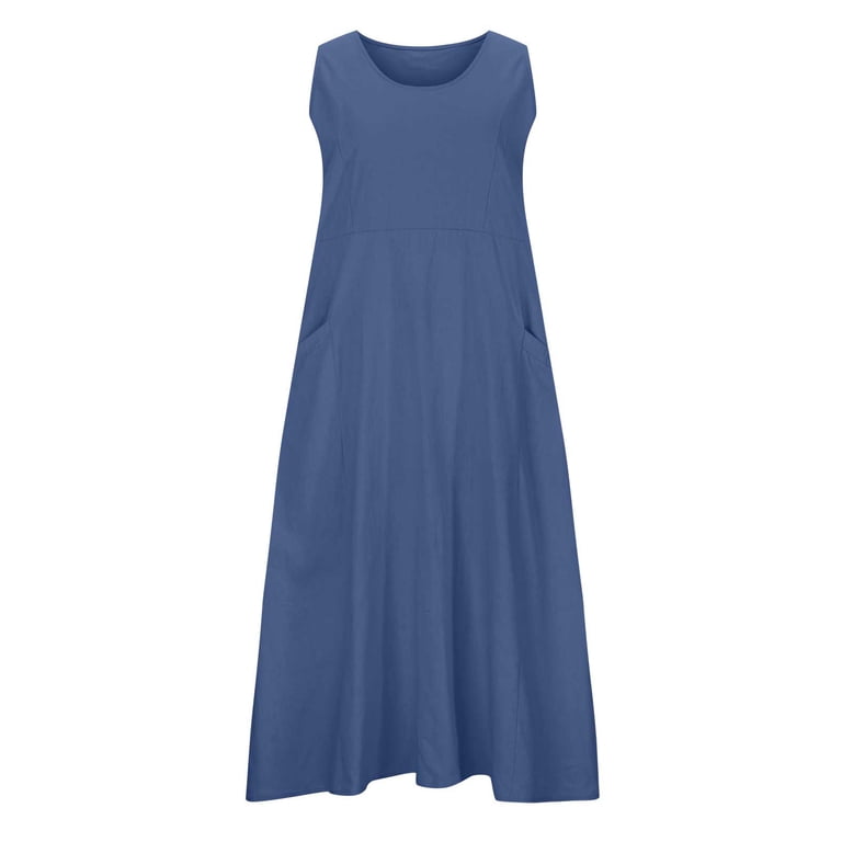 POIUYTR Cotton Linen Dress for Women Summer Sleeveless Casual Loose  Crewneck Maxi Dress 2024 Beach Vacation Dresses with Pockets - Walmart.com