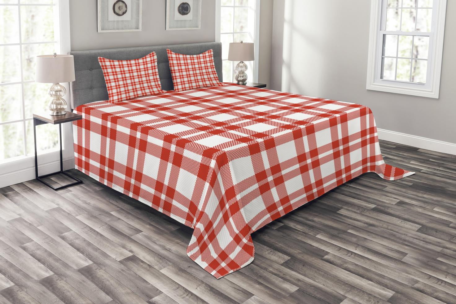 Plaid Bedspread Set, RetroModern Style Checkered Pattern Squares and