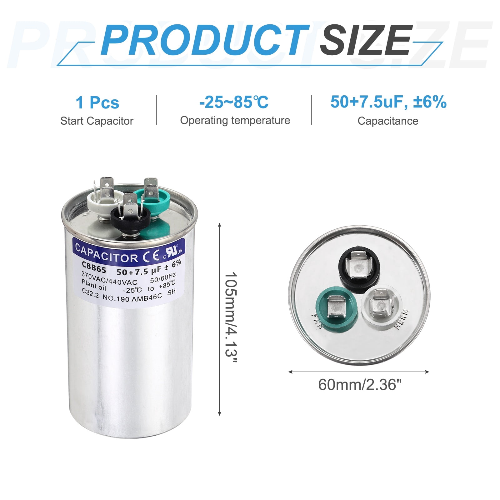 Uxcell 50+7.5MFD CBB65 Run Start Capacitor 50+7.5uF, 370/440V Round AC Capacitor for AC Motor Run, HVAC, Air Conditioner, Condenser Motors