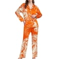 thumbnail image 2 of Orange Halloween Womens Pajamas Satin 2026 Cute Satin Ghost Pumpkin Print Long Sleeve Button Tops and Pants Matching XL, 2 of 5