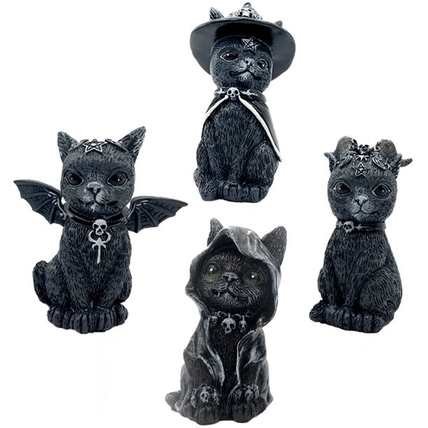 Paquete de 4 decoraciones para gatos de Halloween, decoración para gatos, figuras de gato, gnomo de césped para Halloween, adorno de resina, adorno de escritorio, estatua divertida para decoración de
