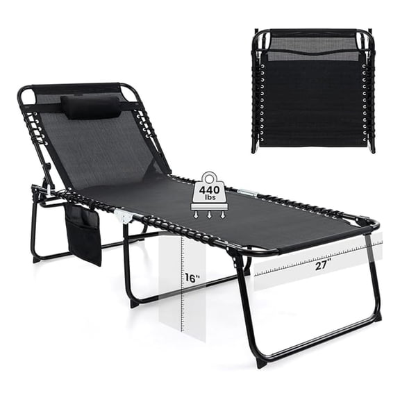 Lounge Chair for Outside, 440lbs 27” Oversize Folding Beach Tanning Sunbath Chair with Adjustable Backrest & Removable Pillow, Lightweight Portable Patio Lounger for Lawn Poolside (1, Black)