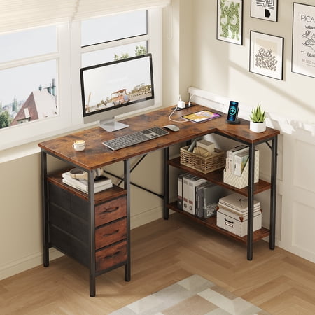 EDX 40 Inch Computer Desk with 3 Drawers Writing Desk with Side Storage Pocket for Home Office Bedroom Rustic Brown