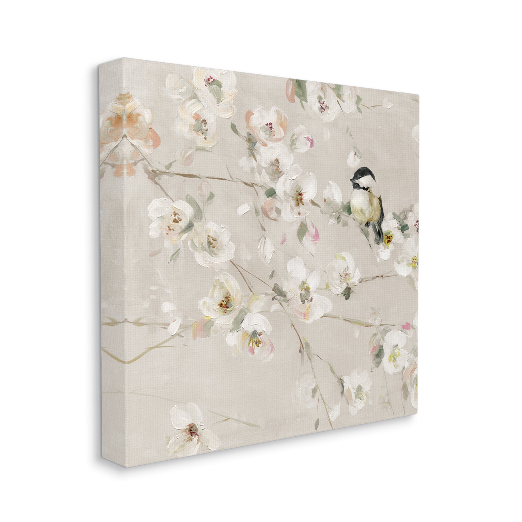 Stupell Industries Beige Bird & Flowers Animals & Insects Painting Gallery Wrapped Canvas Art Print Wall Art, 24 x 24