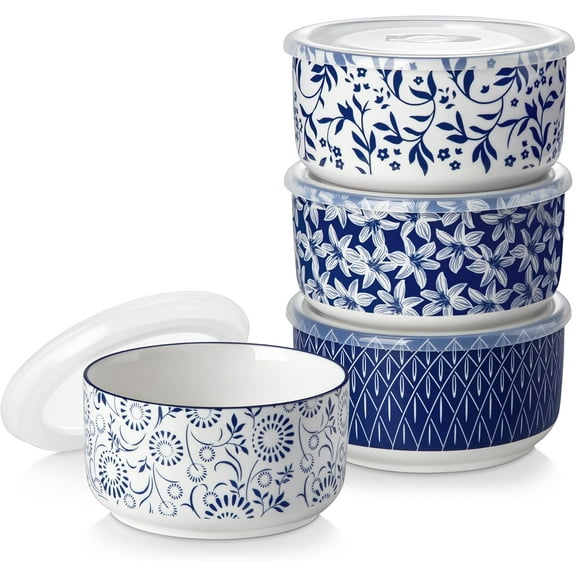 36 Oz Mixing Bowls with Lids Set of 4,Ceramic Serving Bowls,Porcelain Bowls with Lids for Food Storage, Mixing Bowls for Kitchen, Microwave & Dishwasher Safe,Series SELENE (4PCS)