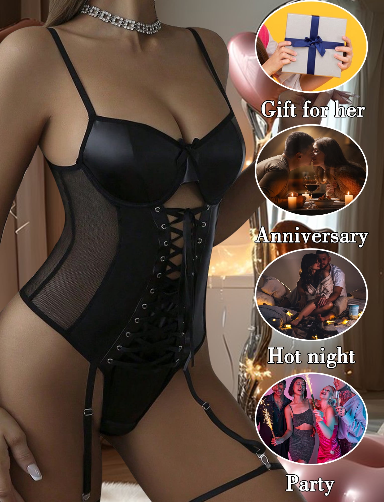 Ausing Womens Leather PU Teddy Lingerie Lace Up Garter Belt Mesh Patchwork One Piece Bodysuit Babydoll Clubwear Black XL
