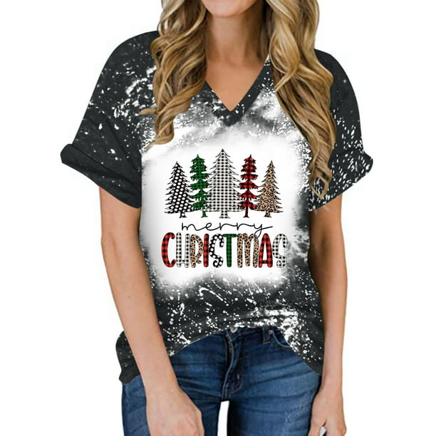 Pntutb Mujeres Summerchristmas Funny Letter Impreso Blusa Camisetas Casual Cuello en V Manga corta Camisetas tops Pntutb Pntutb-3909