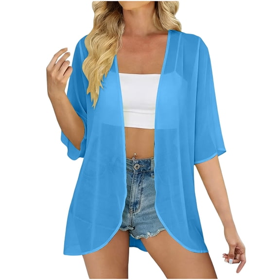 Lpmadey Women's Sheer Chiffon Kimono Cardigan, 3/4 Sleeve Open Front Beach Cover Up, Lightweight Summer Vacation Shrug, S-XXL