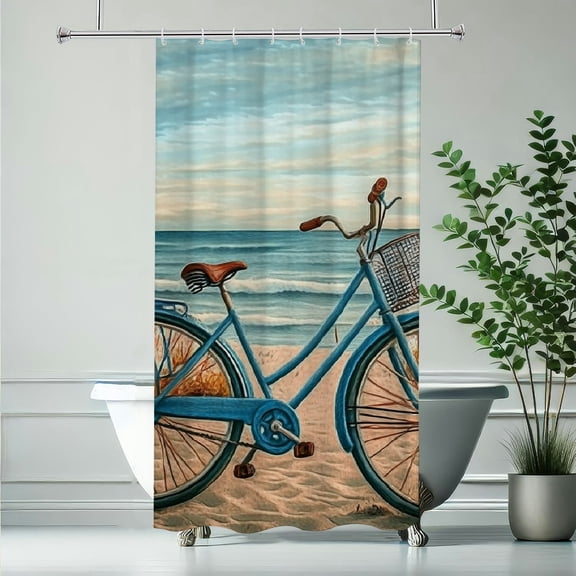 RKSupls Waterproof Shower Curtain, Blue Bicycle on Beach Polyester Shower Curtain with Hooks for Chic Elegant Home Bathtub Bathroom Decor Washable,90x180cm