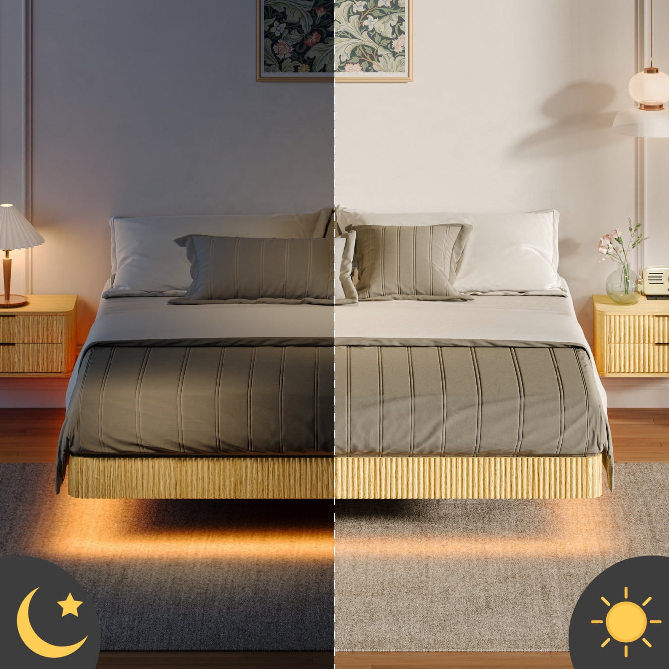 Floating LED Bed Frame King Size, Adjustable Color Lighting, Metal Platform with Under Bed Storage, No Box Spring Required, Tool-Free Assembly, Solid Oak Finish