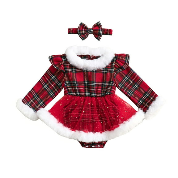 Elippeo 2-Piece Baby Girls Plaid Set 3 6 12 18 Months Terry Trim Sequins Mesh Dress Long Sleeve Ruffled Romper Bow Headband Adorable Outfits