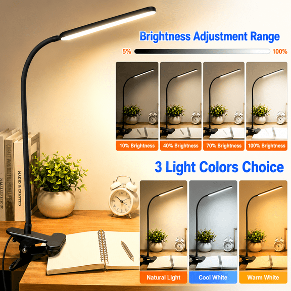 NIUTAÂŽ Clip On Reading Light for Books & Desk, USB Plug-in LED Book Light for Reading in Bed, Eye Caring Book Lamp with 3 Color Modes, Dimmable Brightness, 360° Gooseneck, CRIâĽ90, Black