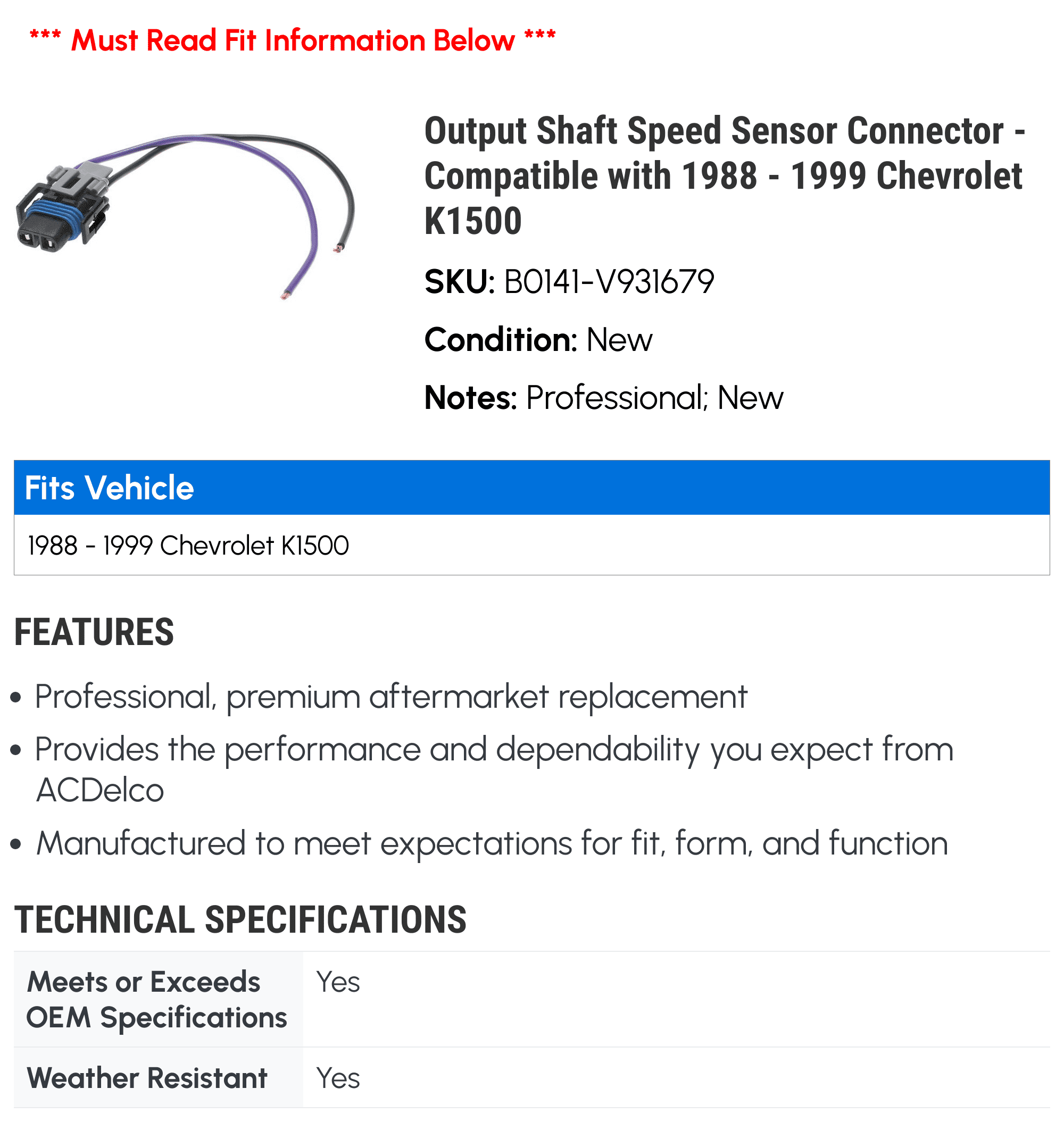 K.SHO Output Shaft Speed Sensor Connector - Compatible with 1988
