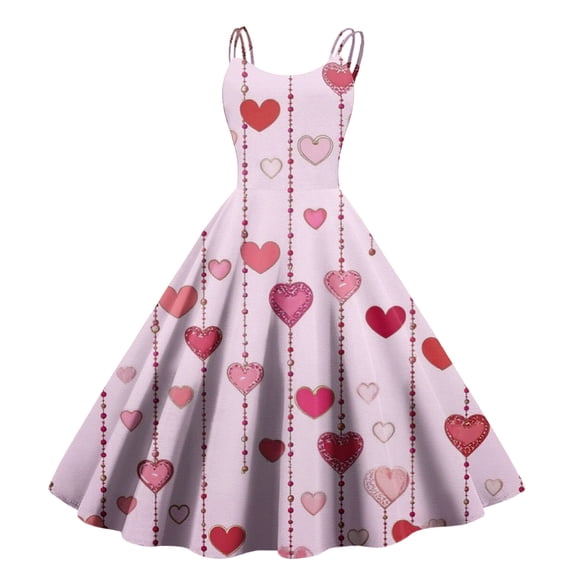 Elegant Valentines Dress for Women Sleeveless Round Neck A-Line Heart Print Party Dresses Hot Pink M