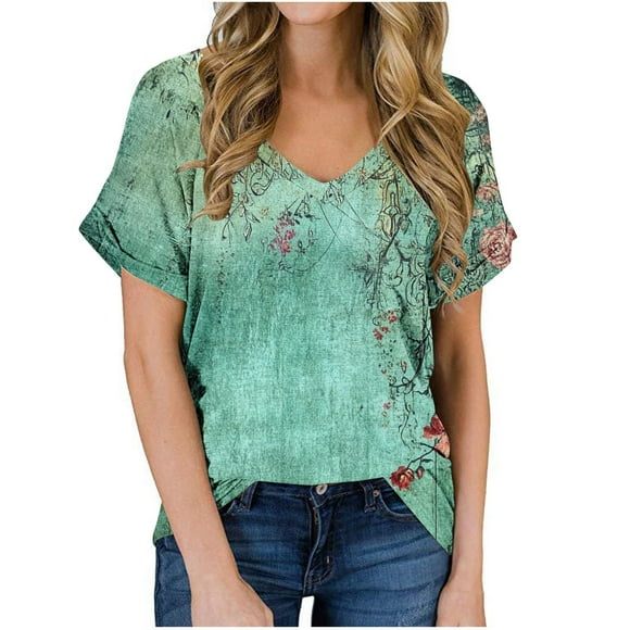 Camisetas Casuales de Mujer 2025 Gradiente Cuello Redondo de Manga Corta, Suelto Cómodo Poliéster