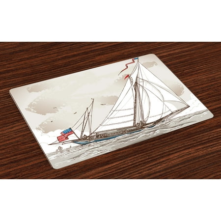 Antique Yacht Vintage Placemats Set of 4 Illustration of a Retro View of Antique American Yacht with Flags Ocean, Washable Fabric Place Mats for Dining Room Kitchen Table Decor,Pale Grey Tan White, by Ambesonne ()