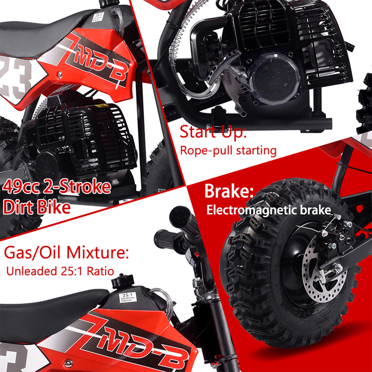 TOXOZERS Gas Dirt Bike, Mini Bike with 13 Inch Knobby Tires,25mph,Supports up to 175 lbs,Red