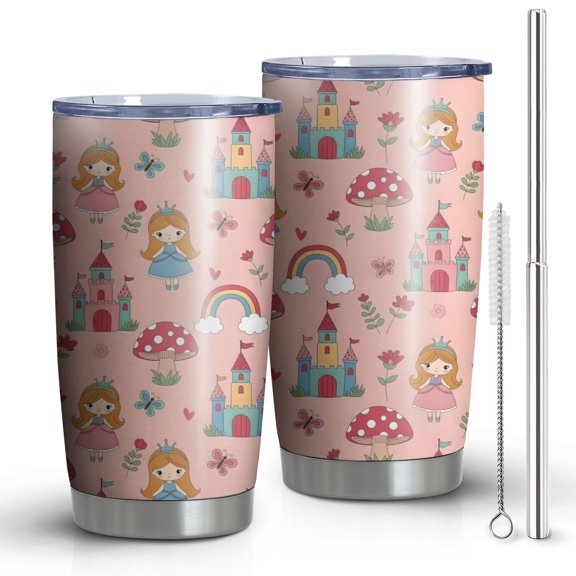 20oz Tumblers Princess Mushroom Castle Pattern Stainless Steel Vacuum Insulated Double Wall Travel Tumbler Cups Mug with Lid and Straw,Cleaning Brush for Cold & Hot Drinks