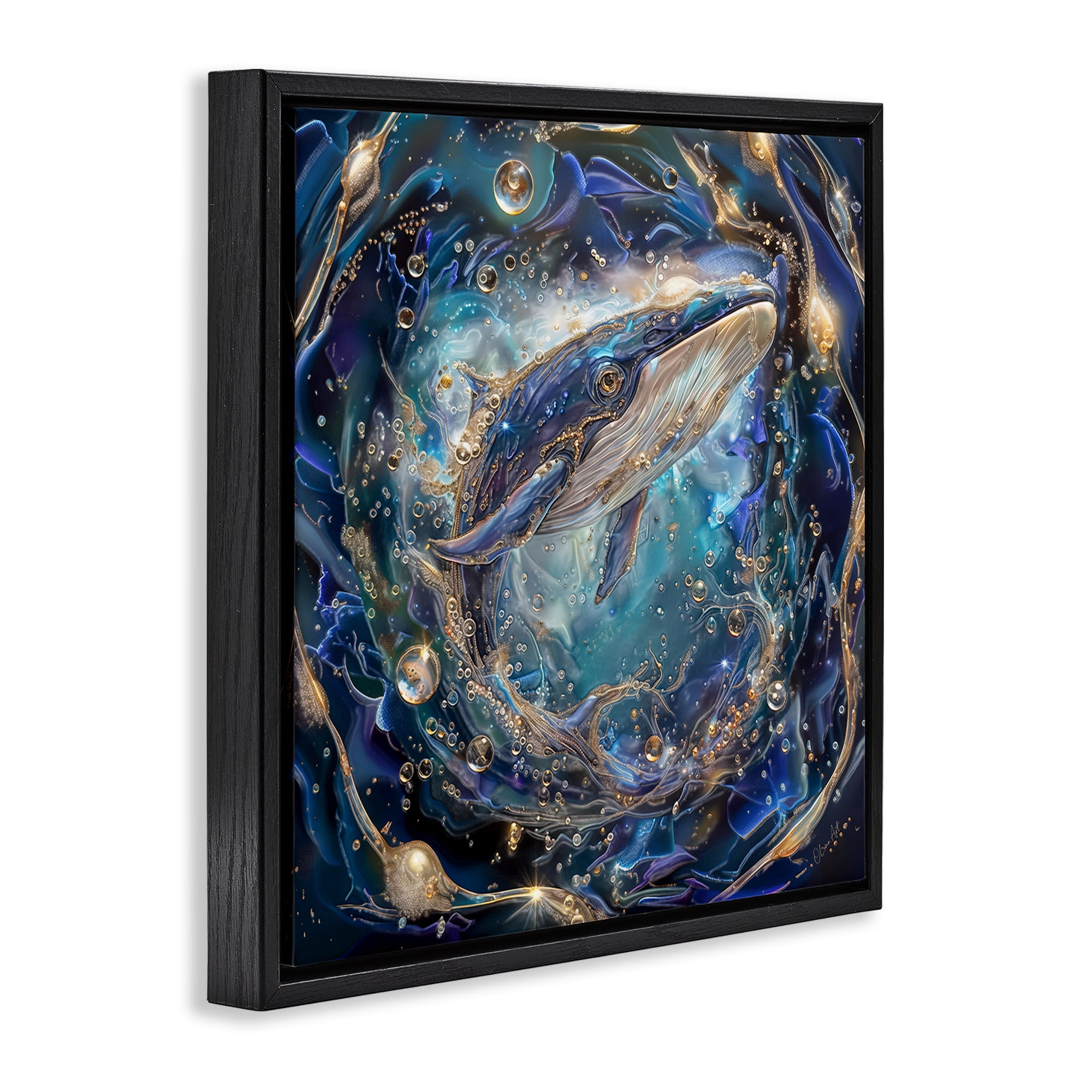 Stupell Industries Echoes Of Abyss Whale Animals & Insects Painting Black Floater Framed Canvas Art Print Wall Art, 18 x 18