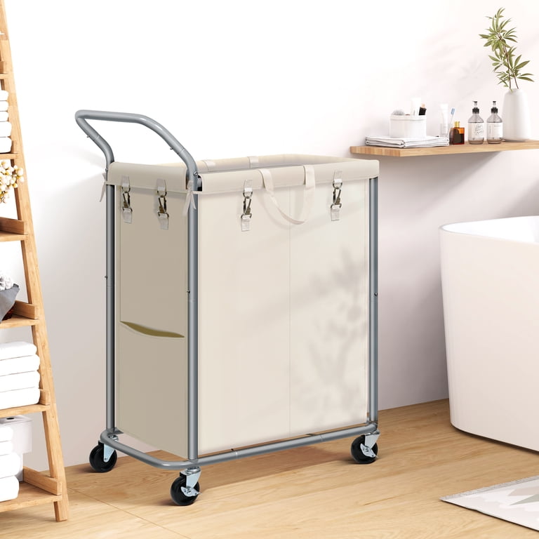 Hzuaneri Rolling Laundry Hamper - 2 Section, Beige, Wheeled With Ventilated Design