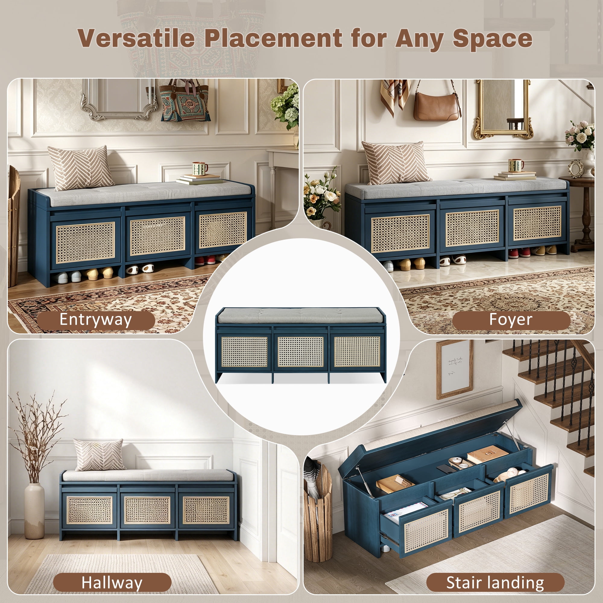 Euroco 48" Shoe Storage Bench, Retro Entryway Bench with 3 Rattan Drawers,Lift Top Storage & Removable Upholstered Cushion,Wooden Shoe Rack Bench for Living Room, Hallway, Foyer,Antique Navy