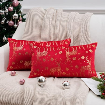 

Christmas Crimson Lumbar Throw Pillow Covers 16x16 Set of 2 Velvet Red and Gold Glitter Printed Snowflake Deer Decorative Pillow Case Winter Holiday Decor Cushion Case for Home Couch Sofa