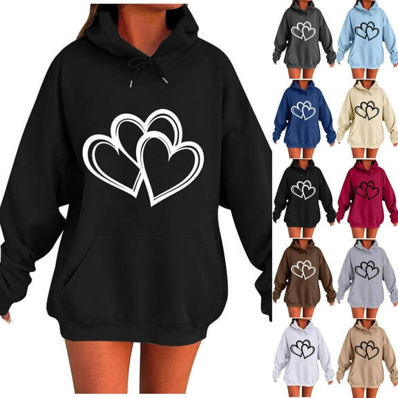 Fartey Oversized Heart Graphic Hoodies for Women Loose Casual Long Sleeve Drawstring Hooded Sweatshirt Fashion Fall Winter Fleece Pullover Tops with Pockets Beige L