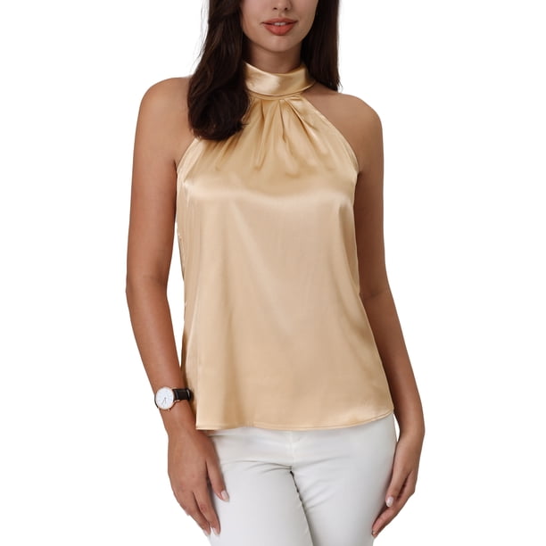 INSPIRAR CHIC Blusa sin mangas para mujer con cuello halter y lazo en la espalda de satén 2XL Beige