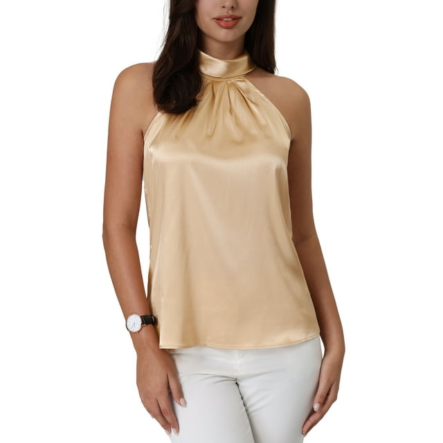 INSPIRE CHIC Haut Sans Manches pour Femme, Col Licou, Dos à Nouer, Blouse de Travail en Satin, Beige, m