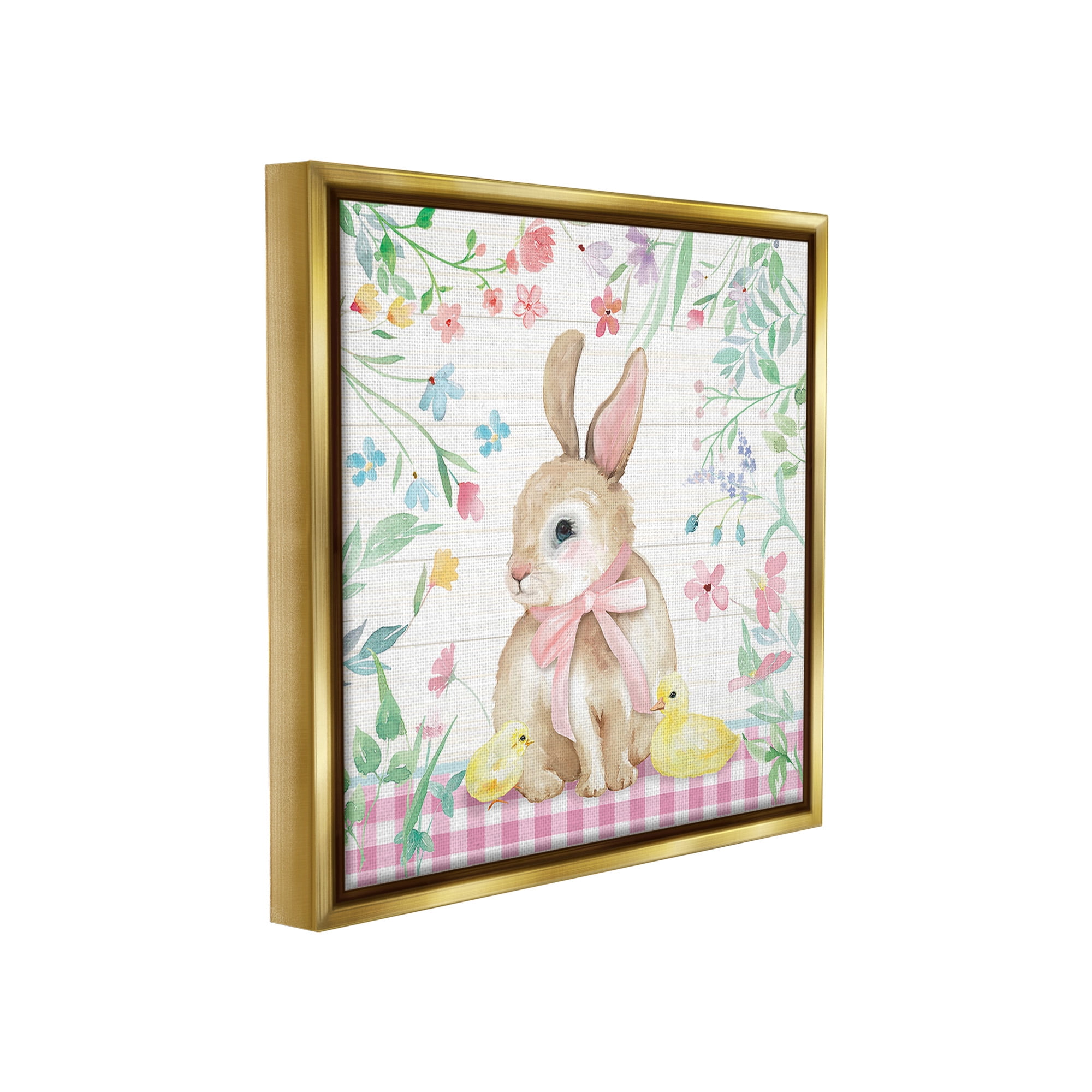 Stupell Industries Easter Bunny & Chicks Holiday Painting Gold Floater Framed Canvas Art Print Wall Art, 18 x 18